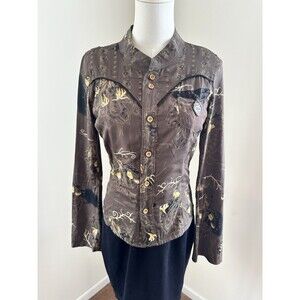 Diesel Y2K Womens Button Down Shirt Rare Metal Pocket Emblem Graphic Print